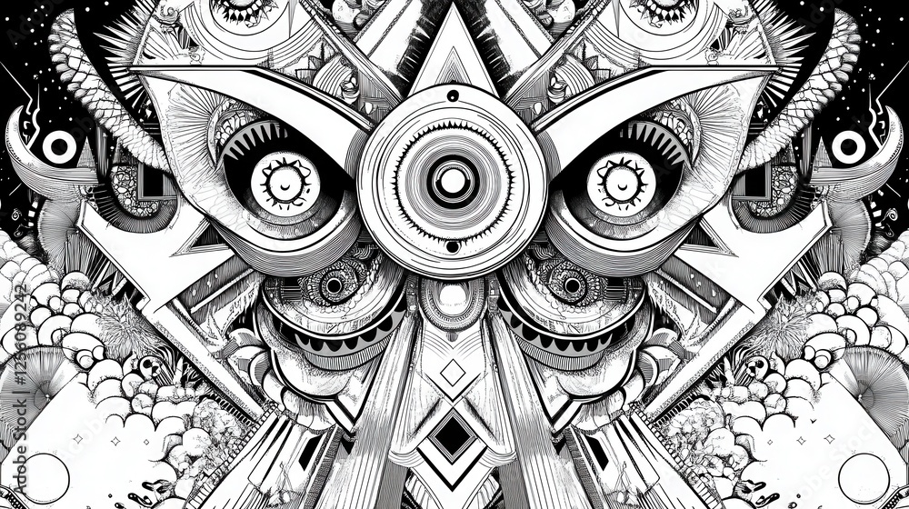 Poster intricate black and white abstract artwork with geometric shapes and unique patterns for creative in