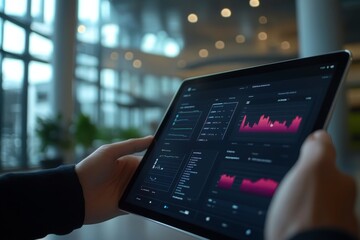 Close up of professional using tablet in modern office with data dashboard and interactive charts