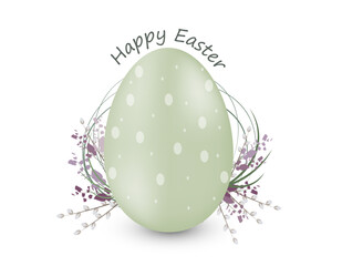Pastel green Easter egg with polka dots, decorated with pussy willow and lavender. 'Happy Easter' text in a stylish font. Minimalist and festive design, perfect for greeting cards and seasonal decor