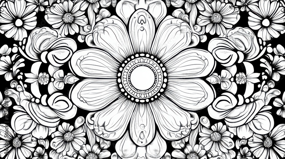 Poster intricate floral design with bold lines and detailed patterns on a dark background
