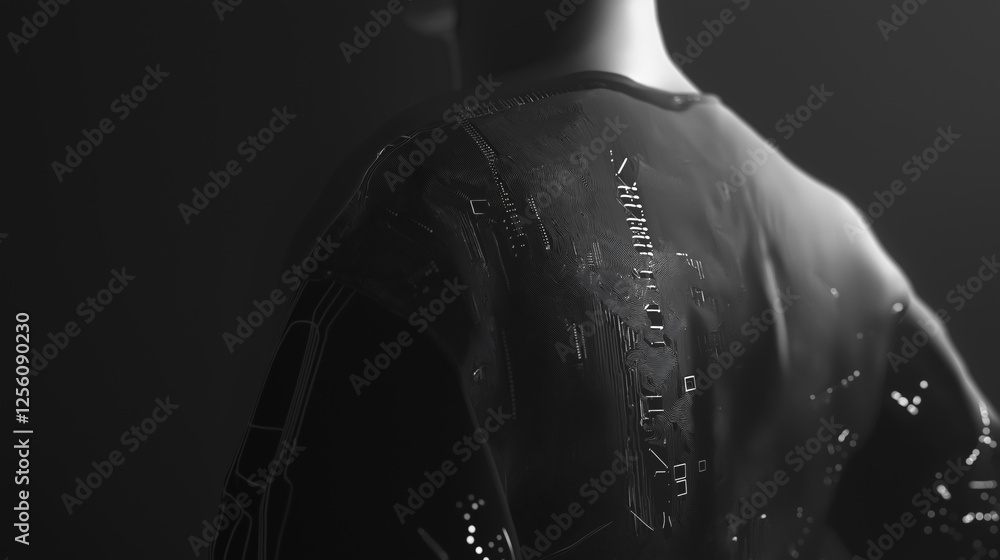 Poster futuristic figure dark environment wears high tech garment with illuminated patterns, suggesting advanced technology and innovation. scene is monochromatic, emphasizing sleek design and modern