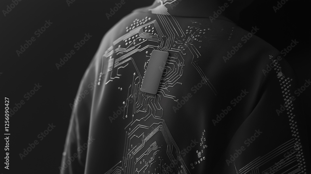 Poster futuristic jacket with embedded circuit patterns symbolizes integration of technology and fashion. d