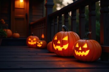 Obraz premium Glowing jack-o-lanterns on a wooden porch at dusk, autumn, pumpkins, wooden