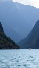 Body of water between mountains, dinamic scene. with white shades