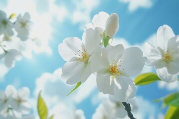 Close up of white cherry blossoms in bloom against a blue sky with fluffy clouds and green leaves