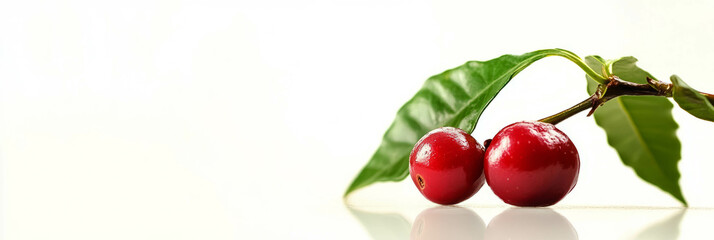 Vibrant coffee cherry with leaves on branch against a bright backdrop for banner use
