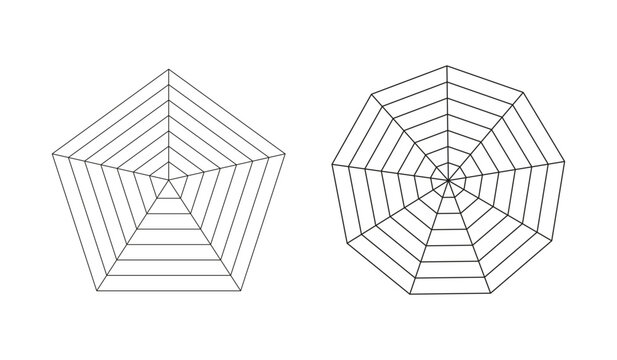 Pentagon, enneagon radars, spider diagram templates. Spider mesh layout. Polygon graphs mockup. Diagrams for statistic, analytic. Blank radar charts. Coaching tool. Grid with segments.