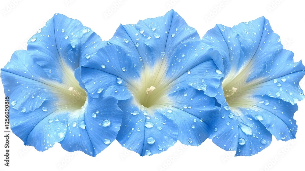 Poster surreal macro image of two exotic blue flowers with water droplets isolated on a dark background