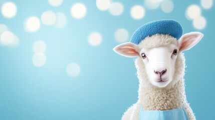 Fototapeta premium Cheerful Sheep With Blue Cap Against Shimmering Background