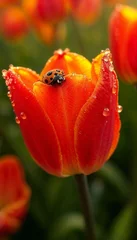 Fotobehang Ladybug on vibrant orange tulip with dew drops in a colorful spring garden © Ina