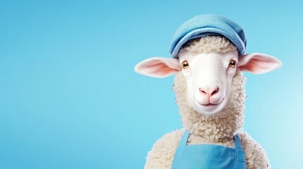 Fototapeta premium Adorable Sheep In Chef Hat Against Blue Backdrop
