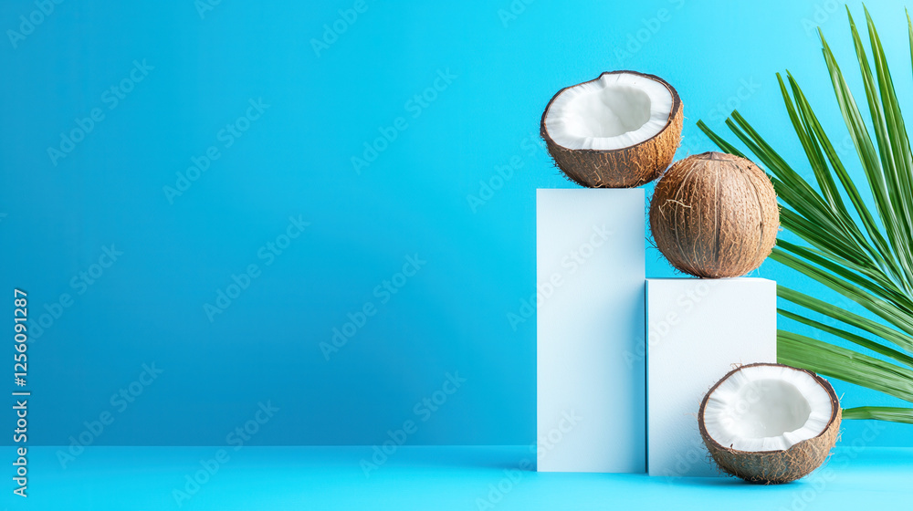 Poster a blue background with a white box and three coconuts on top of it