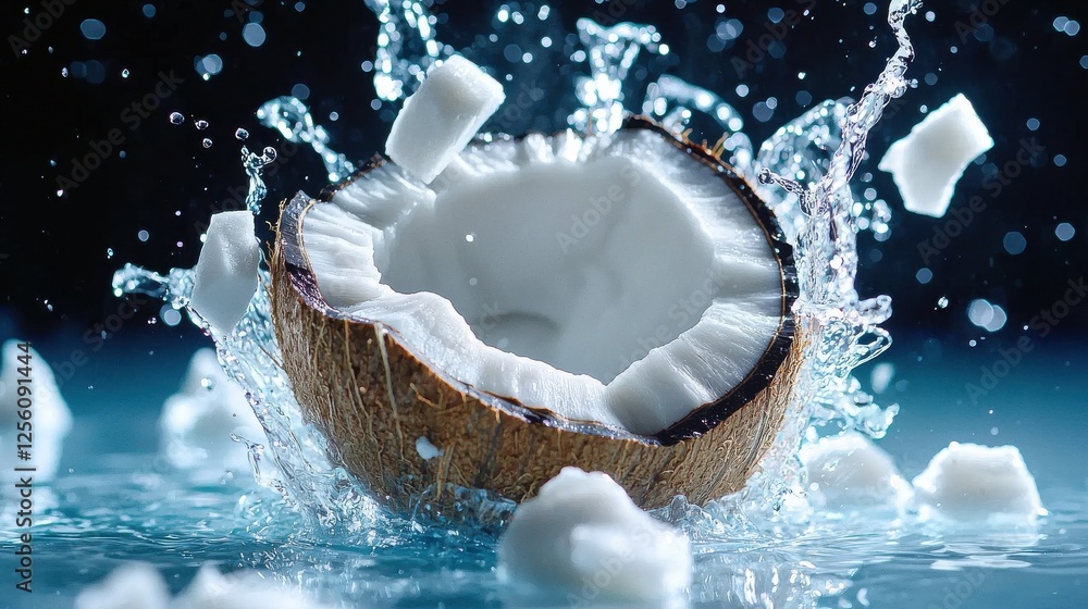 Poster a coconut is floating in a body of water with a splash of water surrounding it