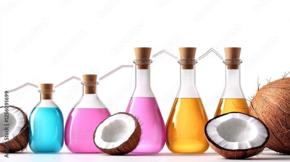 Poster a row of glass bottles with different colored liquids and a coconut on the right