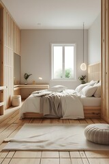 A modern bedroom in earthy tones blends simplicity and warmth for the perfect relaxation.