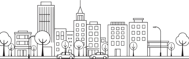 City landscape. Line urban backdrop. Different buildings on street, outline cityscape hand sketch, flat houses. Hand drawn vector illustration