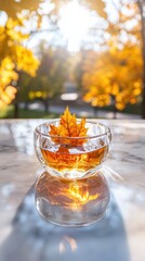Enhanced maple flavor highlighted in a warm light top-down shot of a glass dish with autumn leaves cozy atmosphere nature theme