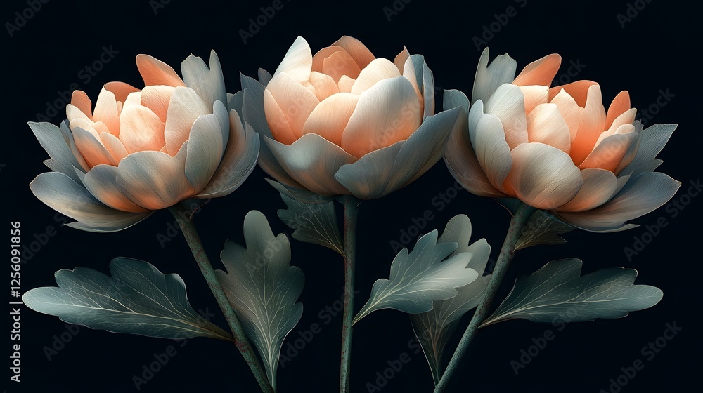 Poster surreal macro image of three exotic pink flowers isolated on a soft blurred background
