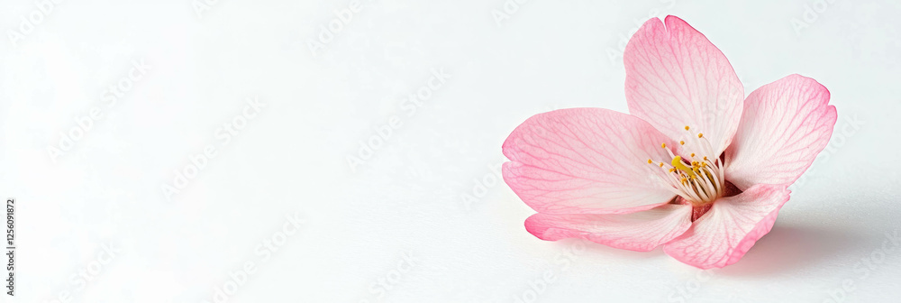 Poster Sakura petal resting softly on white background with a tiny insect bite mark