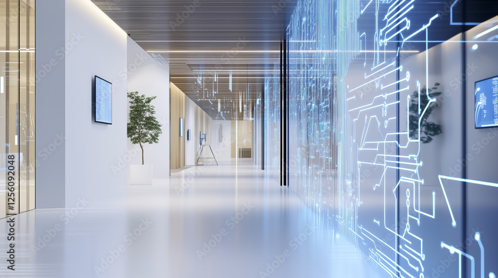 Poster modern, futuristic office hallway with digital circuit patterns on walls and sleek design elements. 