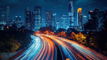 Fototapeta premium Vibrant Night Cityscape with Traffic Trails and Skyscrapers Illuminated by Urban Lights