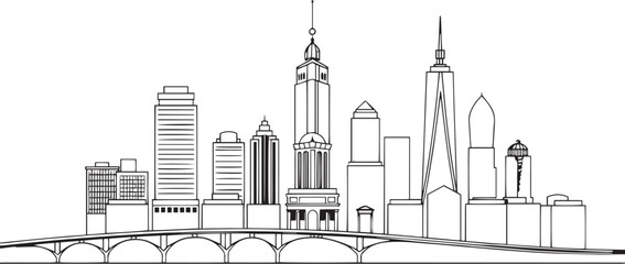 Obraz premium City landscape. Line urban backdrop. Different buildings on street, outline cityscape hand sketch, flat houses. Hand drawn vector illustration