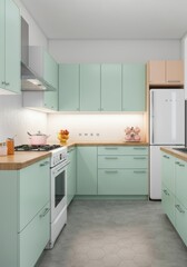 Fototapeta premium Modern mint kitchen with appliances and decor