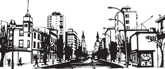 Obraz premium City landscape. Line urban backdrop. Different buildings on street, outline cityscape hand sketch, flat houses. Hand drawn vector illustration