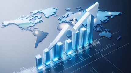 Dynamic business growth illustration with upward arrow and global financial charts on glass surface