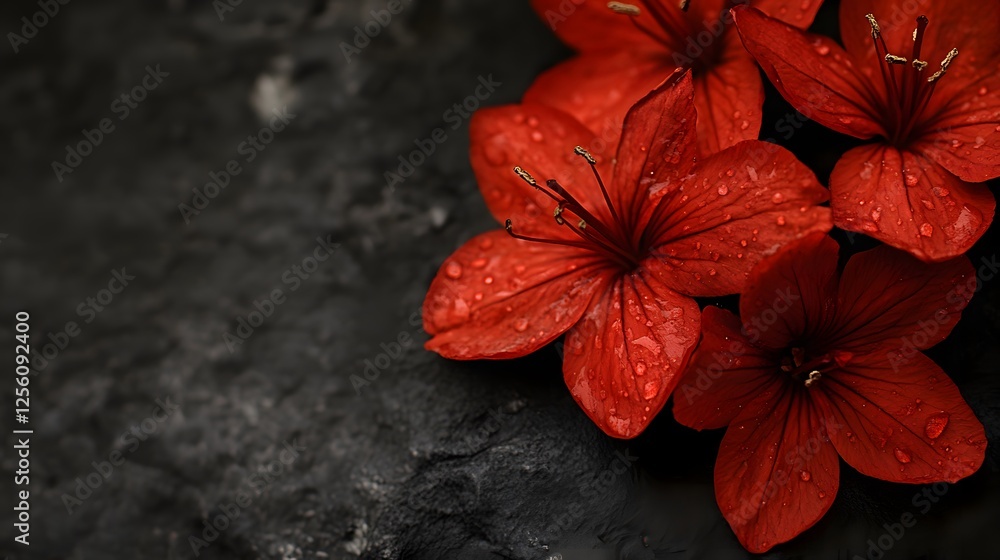 Poster surreal macro shot of three exotic red flowers on a black surface with intricate details and vibrant