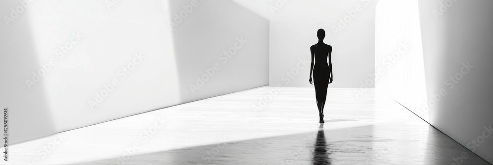Poster monochromatic runway showcasing a figure walking with clean lines and soft lighting in a minimalist 