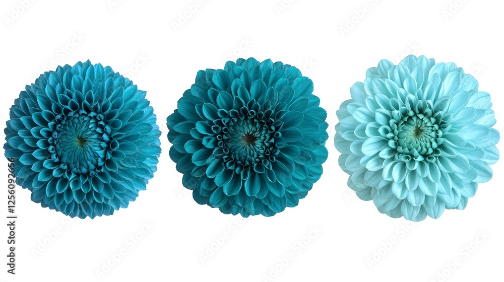 Poster surreal macro image of three blue exotic flowers in varying sizes against a soft background