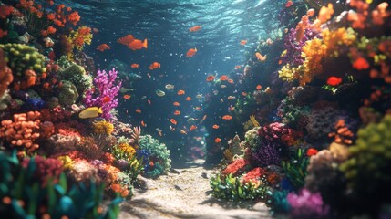 A breathtaking coral reef, filled with vibrant fish and rich marine life, under crystal-clear water.