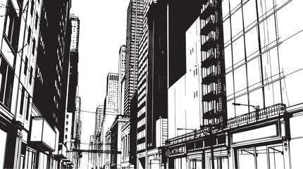 City landscape. Line urban backdrop. Different buildings on street, outline cityscape hand sketch, flat houses. Hand drawn vector illustration