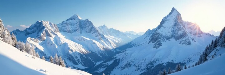 Obraz premium Majestic snow-encrusted mountain peaks in morning light, winter wonderland, frosty, snowy mountains