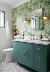 Modern bathroom with tropical wallpaper and vanity