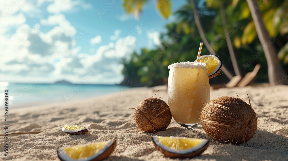 Poster a glass of a tropical drink with a straw and a slice of coconut on top