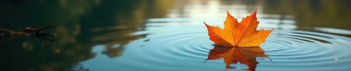 Maple leaf gently bobbing on the surface of a lake, ripples, serene landscape