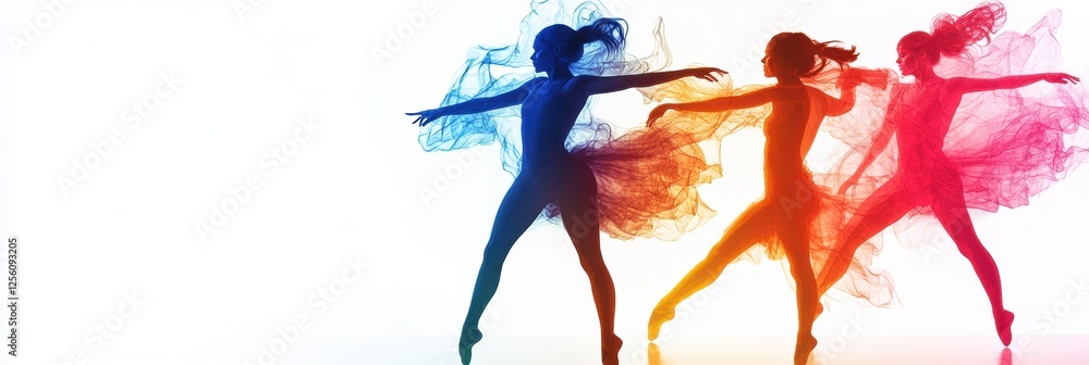 Poster dynamic silhouettes of dancers expressing movement with vibrant colors on a clean background. genera