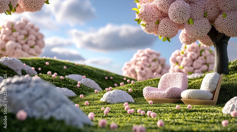 Poster a beautiful scene of a lush green field with a pink tree in the background