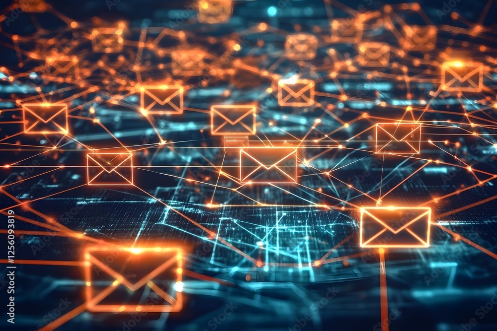 Poster network of email connections: a captivating abstract image of a complex network of glowing orange em