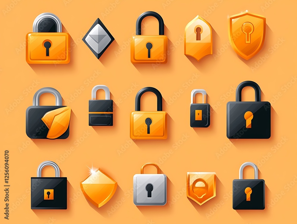 Poster vector icons set for data encryption, lock, and security on orange