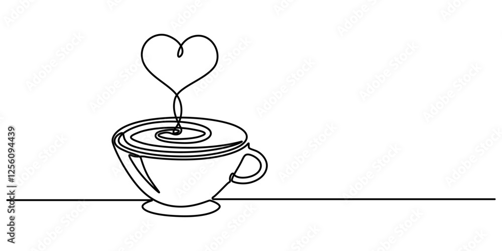 Aufkleber one continuous drawing of cup coffee with heart symbol. hot drink and mug of tea with love for web b