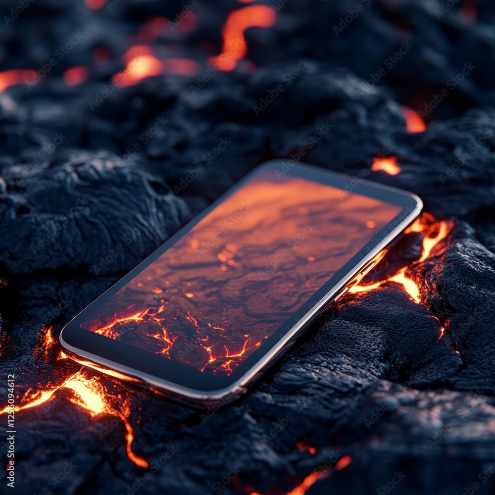 Poster mysterious atmosphere a smartphone on lava with captivating shadows and highlights reflection