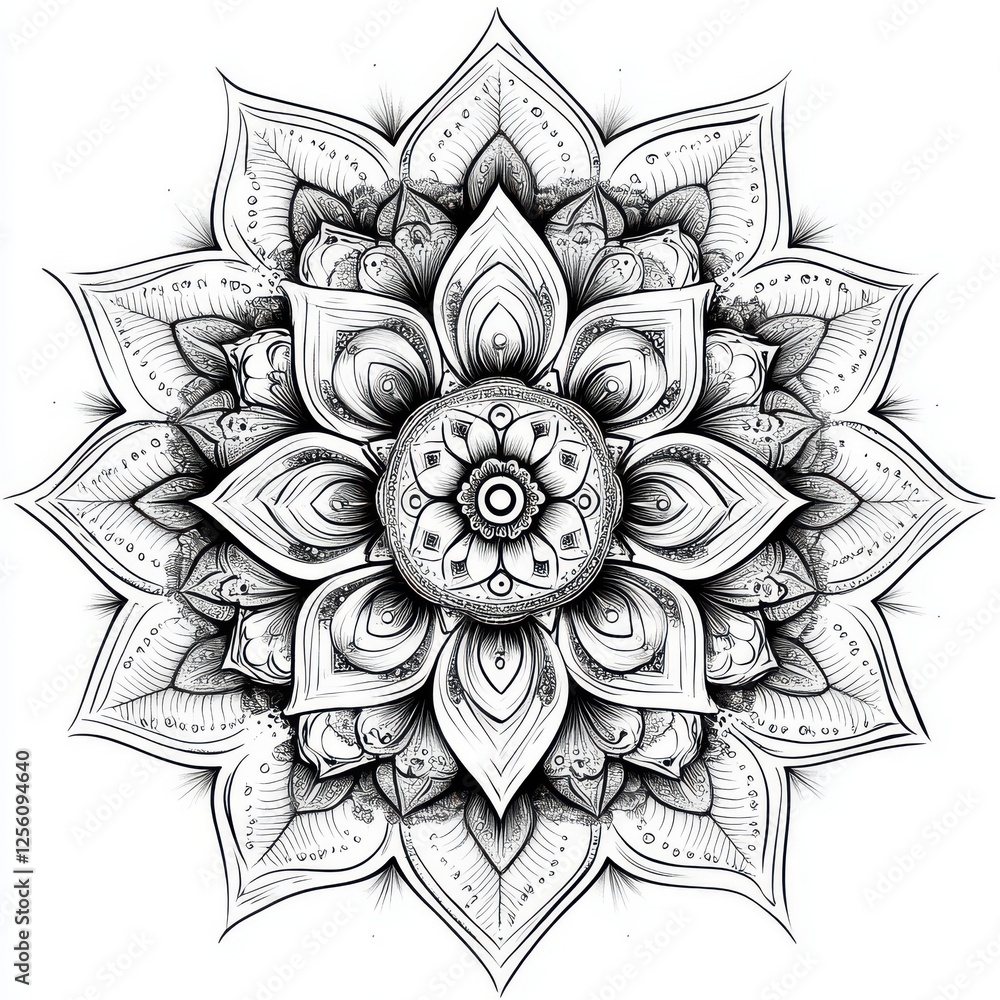 Poster intricate black and white mandala flower design with detailed patterns and symmetrical elements for 