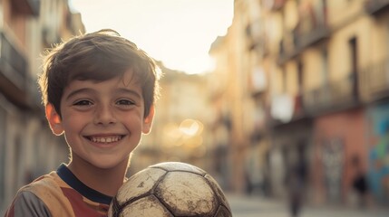 Naklejka premium portrait of a smiling boy holding his soccer ball