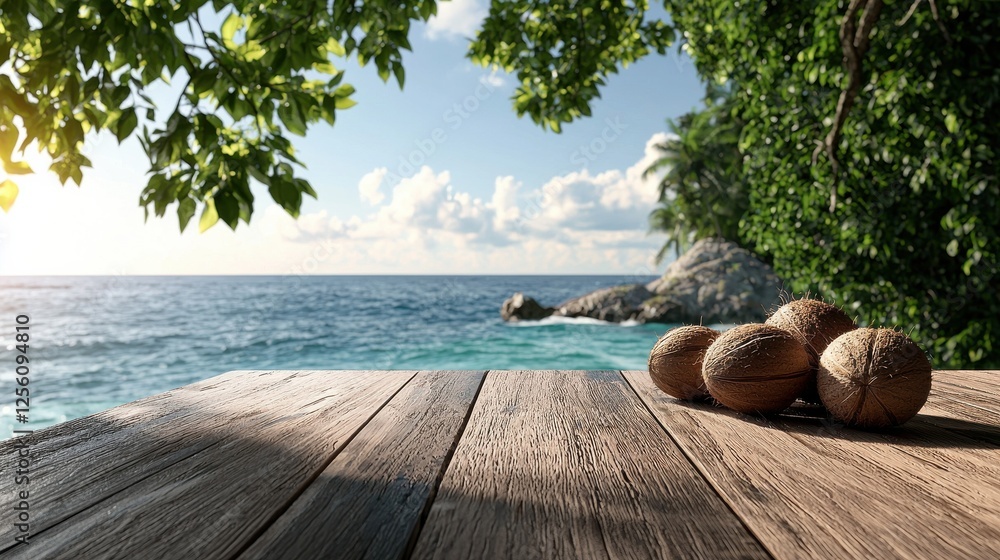 Aufkleber a wooden table with a view of the ocean and a pile of nuts on it