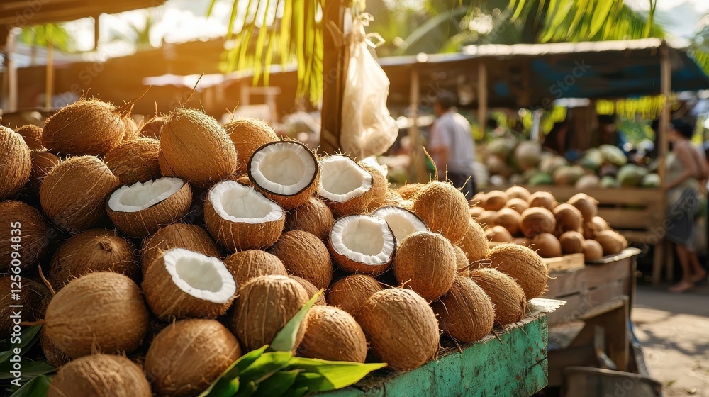 Poster a pile of coconuts with one open