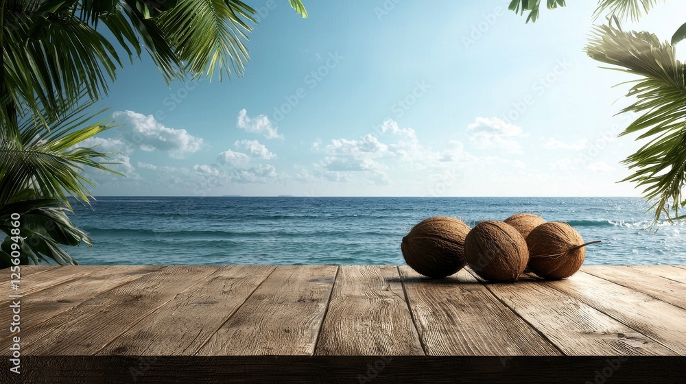 Poster a wooden table with coconuts on it by the ocean