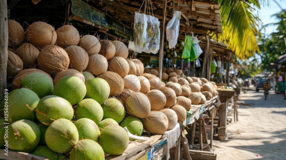 Poster a large pile of coconuts are displayed on a table